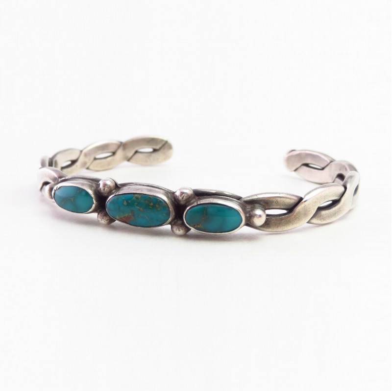 Vtg Navajo Twisted Narrow Cuff w/3 Blue Gem Turquoise c.1950