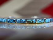 Vtg Zuni Carved Hi-Grade #8 Turquoise Row Narrow Cuff c.1950