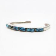 Vtg Zuni Carved Hi-Grade #8 Turquoise Row Narrow Cuff c.1950