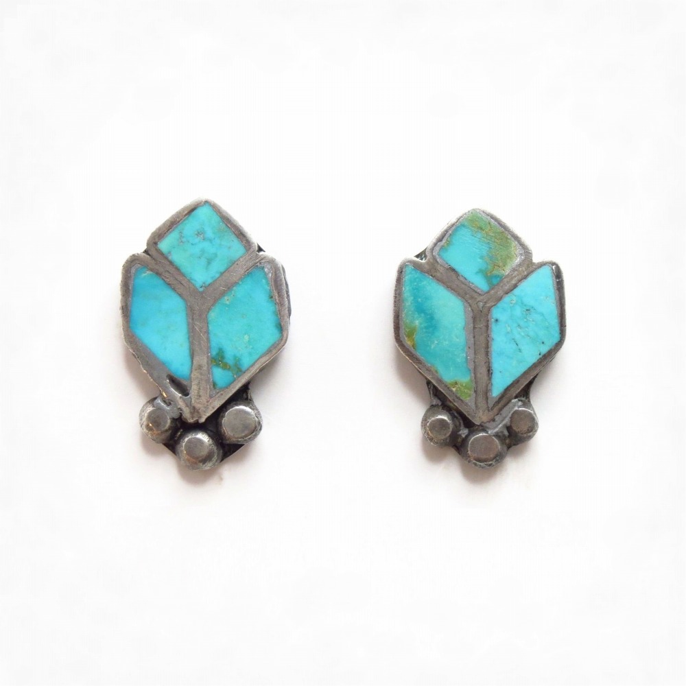 Vintage Zuni Floral Design Turquoise Inlay Earring  c.1950～