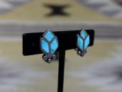 Vintage Zuni Floral Design Turquoise Inlay Earring  c.1950～