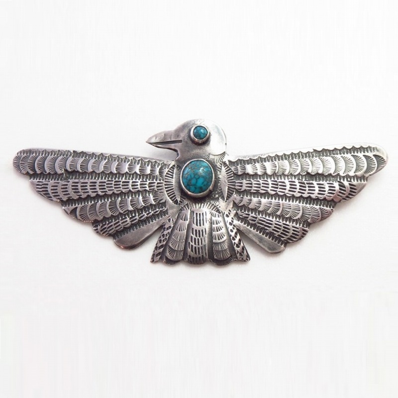 Atq Navajo Busy Stamped T-bird Pin w/Gem Turquoise  c.1935～