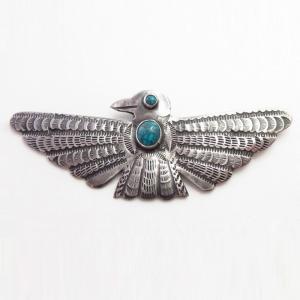 Atq Navajo Busy Stamped T-bird Pin w/Gem Turquoise  c.1935～