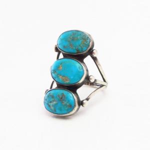 Vintage Navajo Three Turquoise Row Silver Ring  c.1950～