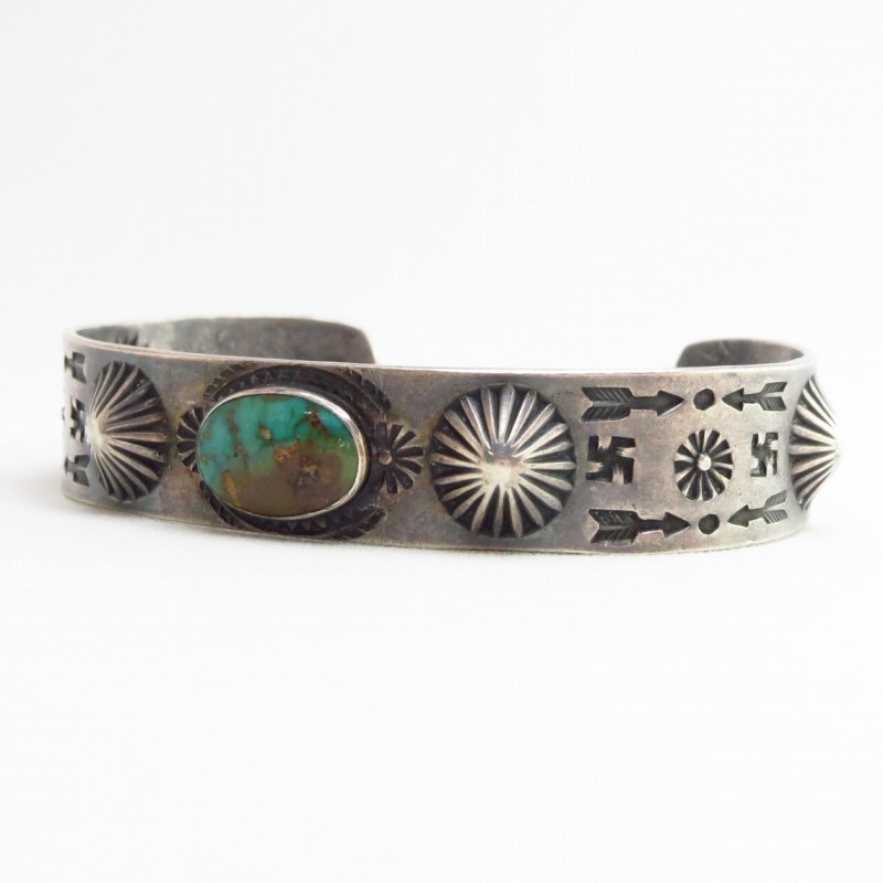 Antique 卍 Stamped Coin Silver Cuff Bracelet w/TQ  c.1930