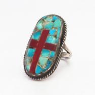 Atq Kewa/SantoDomingo Cross & Chip Inlay Silver Ring c.1955～