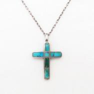 Vtg Zuni Gem Turquoise Inlay Small Cross Fob Necklace c.1960