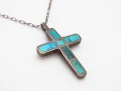 Vtg Zuni Gem Turquoise Inlay Small Cross Fob Necklace c.1960