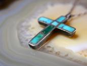 Vtg Zuni Gem Turquoise Inlay Small Cross Fob Necklace c.1960