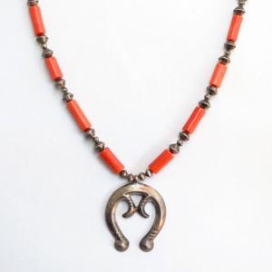 Vintage Coral & Silver Bead Rebuild Necklace w/Naja  c.1970～