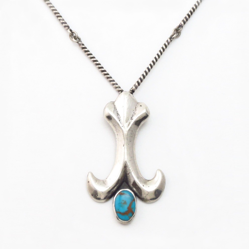 Vtg Navajo Hand Made Chain Necklace w/Cornflower Top c.1940～