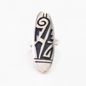 【Lawrence Saufkie】Hopi Overlay Oval Face Silver Ring c.1980～