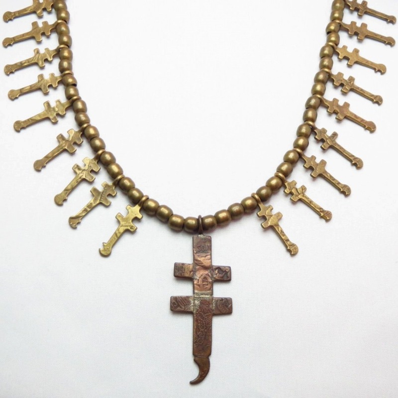 Pueblo coin Dragonfly Cross Brass Necklace  c.1960