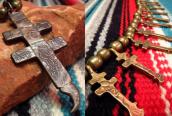 Pueblo coin Dragonfly Cross Brass Necklace  c.1960