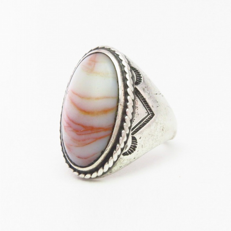 Vintage Navajo Cast Silver Ring w/White Pink Agate  c.1950～