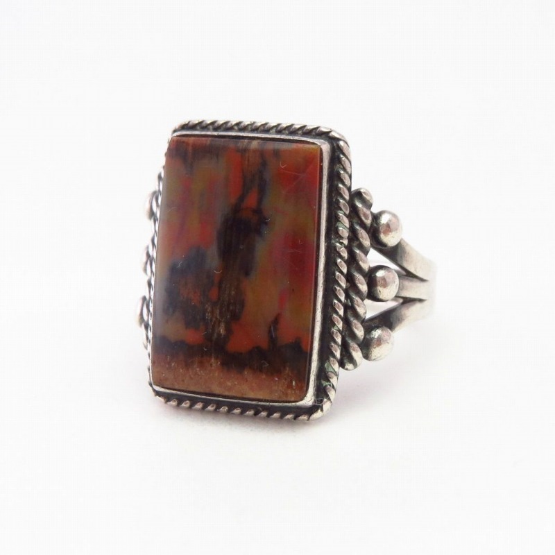 Vintage Navajo Silver Men's Ring w/Sq. PetrifiedWood c.1945～