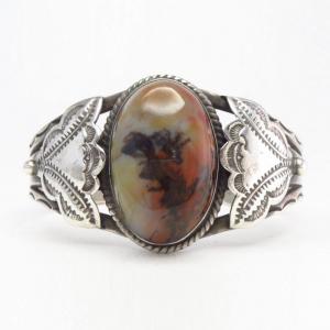 Vintage Navajo Silver Cuff w/High Dome PetrifiedWood c.1945～