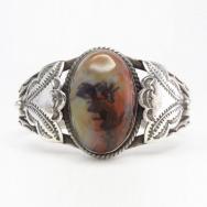 Vintage Navajo Silver Cuff w/High Dome PetrifiedWood c.1945～