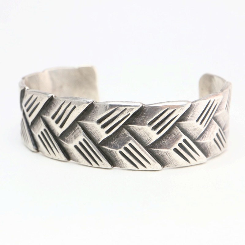 Vtg Basket Weaving Pattern Cast Silver Cuff Bracelet c.1940～