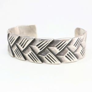 Vtg Basket Weaving Pattern Cast Silver Cuff Bracelet c.1940～