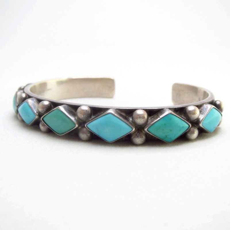 【NAVAJO GUILD】 Ingot Silver Turquoise Row Cuff  c.1955
