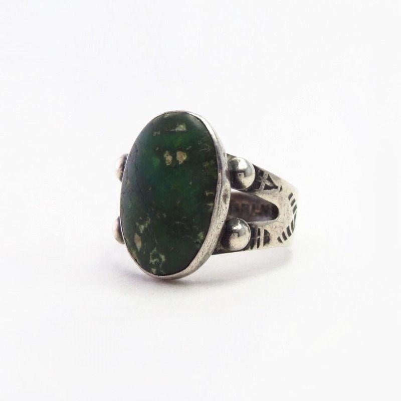 Antique Snake Stamped Silver Ring w/Green Turquoise  c.1940～