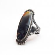 Vintage Split Shank Silver Ring w/Black PetrifiedWood c.1940