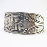 Antique 卍 & Owl Stamped Ingot Silver Cuff Bracelet  c.1915～