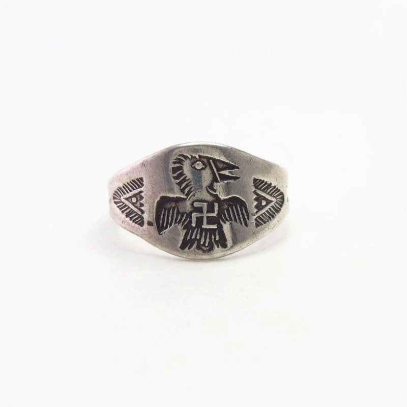 Antique Navajo 卍 T-bird & Arrows Stamped Silver Ring c.1930