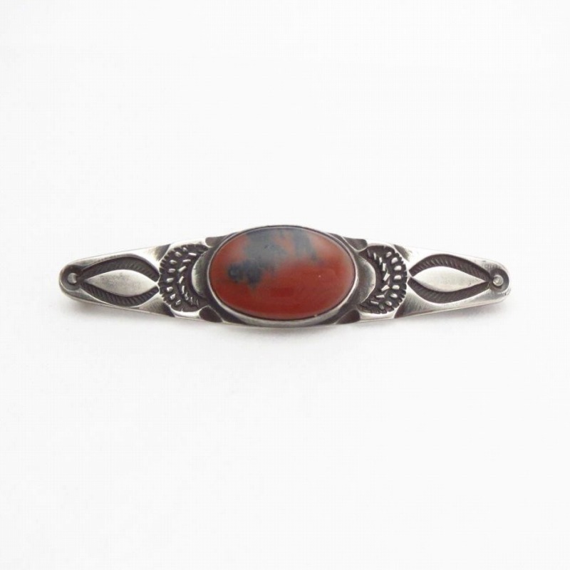 Vtg Navajo Filed & Stamped Silver Pin w/PetrifiedWood c.1940