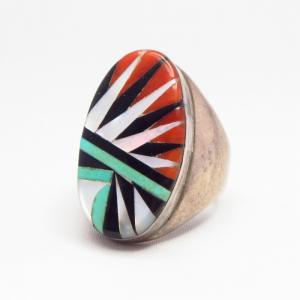 Old Zuni Indian Head Channel Inlay Men's Seal Ring  c.1970～