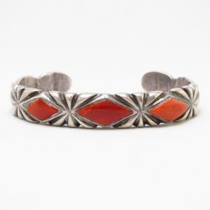 Vintage Navajo Filed Silver Cuff Bracelet w/Coral  c.1945