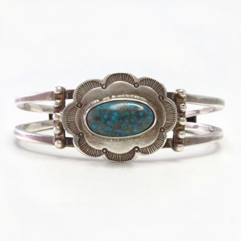 Atq Navajo 卍 Stamped Square Wire Cuff w/Gem Turquoise c.1930