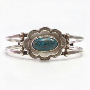 Atq Navajo 卍 Stamped Square Wire Cuff w/Gem Turquoise c.1930