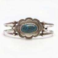 Atq Navajo 卍 Stamped Square Wire Cuff w/Gem Turquoise c.1930