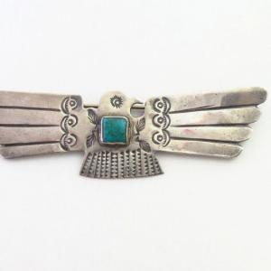 Atq Thunderbird Shape Pin w/Sq. Gem Quality Turquoise c.1930
