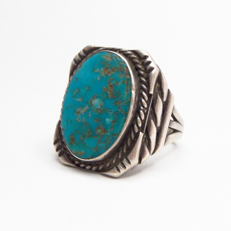 Vintage Navajo Pilot Mt. Turquoise Silver Men's Ring  c.1971