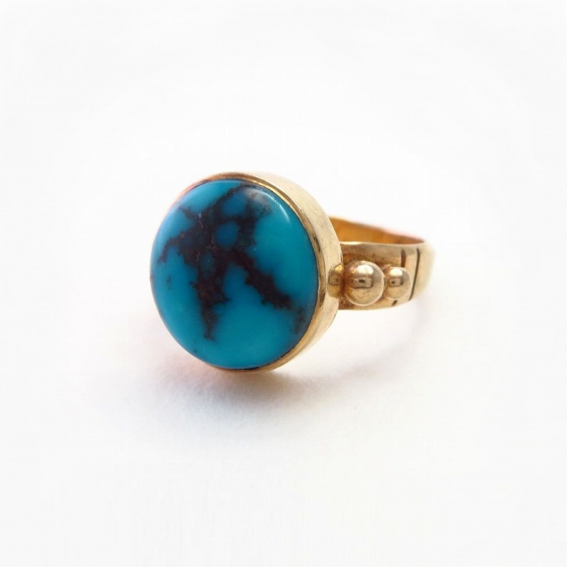 Vtg Navajo 14KGold Ring w/Hi-Grade Persian Turquoise c.1970～