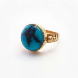 Vtg Navajo 14KGold Ring w/Hi-Grade Persian Turquoise c.1970～