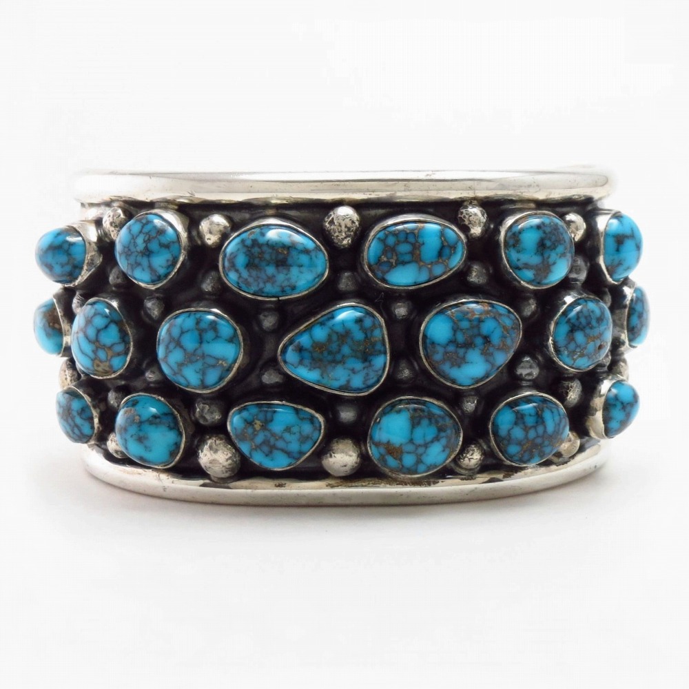 Vtg Navajo Slv & Top Grade Turquoise Row Wide Cuff  c.1955～