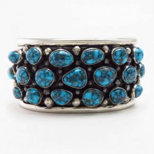Vtg Navajo Slv & Top Grade Turquoise Row Wide Cuff  c.1955～