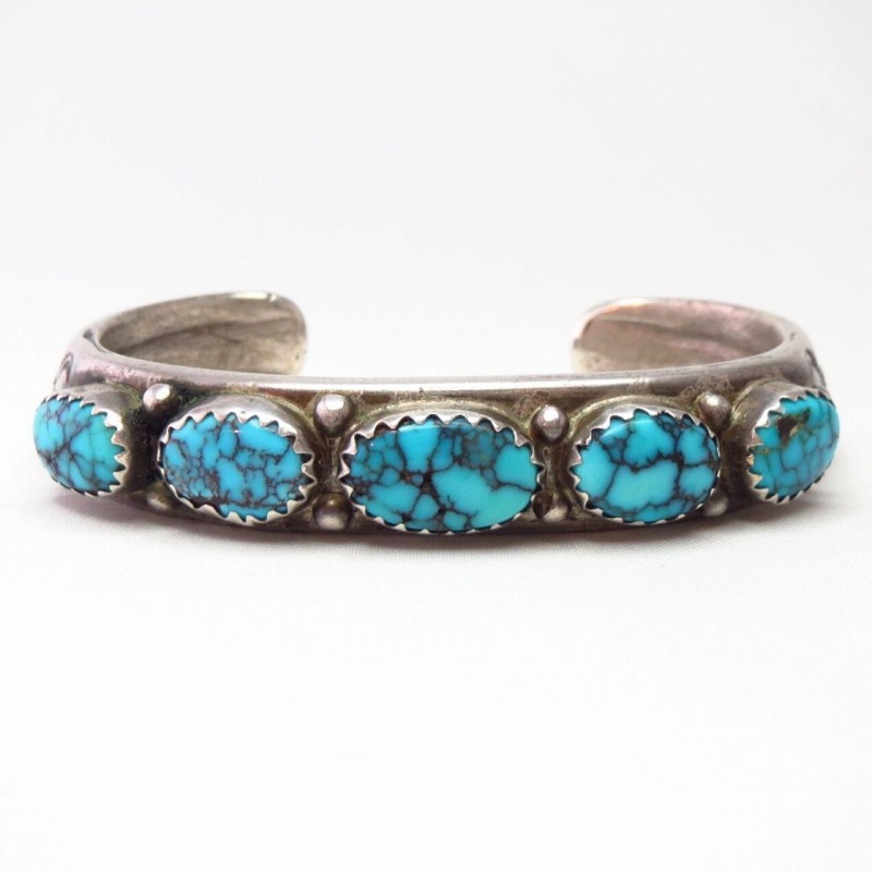 Vtg Navajo Hi-Grade Godber Turquoise Row Heavy Cuff  c.1950