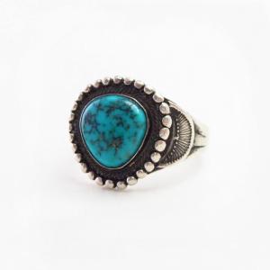 Atq Navajo SplitShank Silver Ring w/Godber Turquoise c.1930～