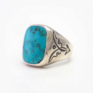 【UITA6】Atq Navajo Rectangular Face Ring w/Turquoise  c.1940～