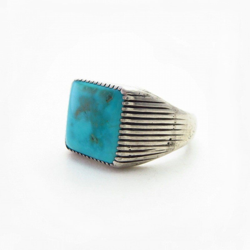 Atq Navajo Lines Filed Silver Ring w/Sq. Turquoise c.1935～