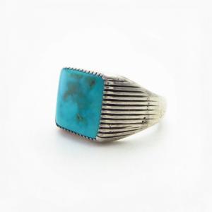 Atq Navajo Lines Filed Silver Ring w/Sq. Turquoise c.1935～