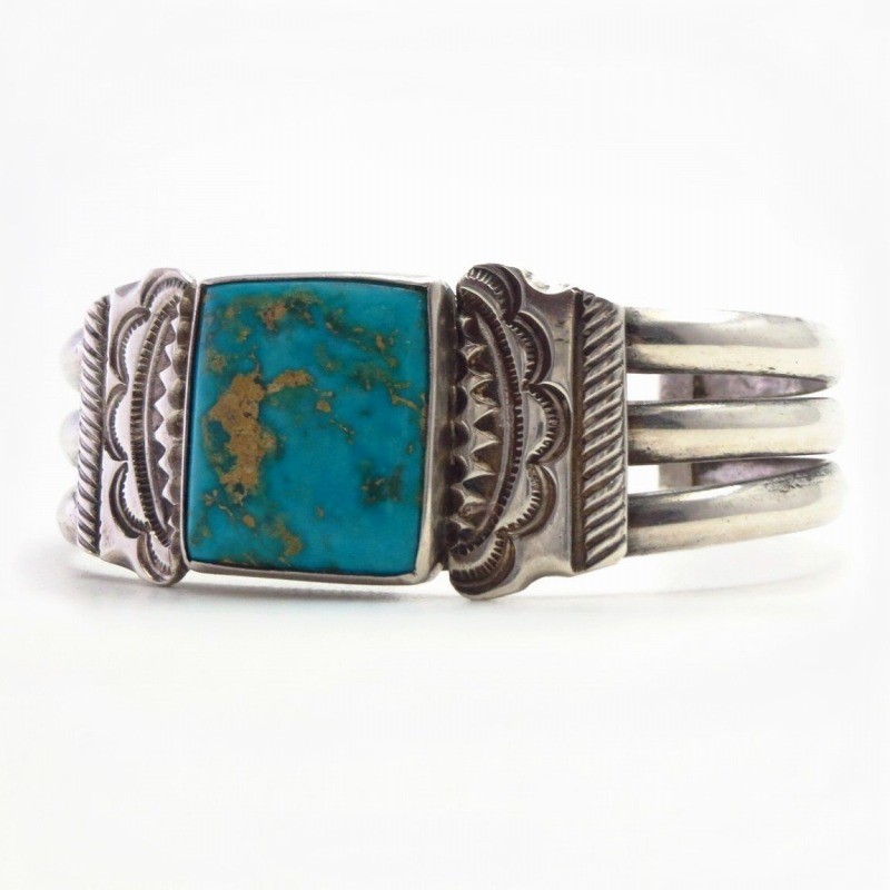 Vtg Navajo Stamped & Filed Cuff w/Sq. Gem Turquoise  c.1950～