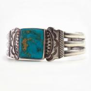 Vtg Navajo Stamped & Filed Cuff w/Sq. Gem Turquoise  c.1950～