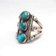 Antique Navajo Three Turquoise Row Men's Silver Ring c.1935～