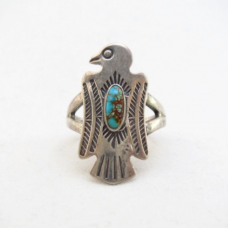 Vtg Thunderbird Shaped Silver Tourist Ring w/Gem TQ  c.1940～